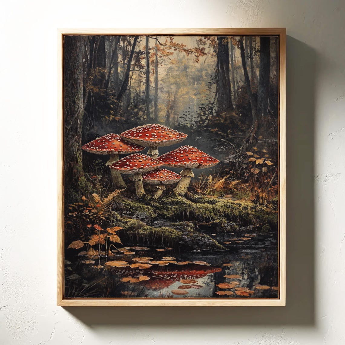 Red Fly Agaric Mushrooms by a Still Forest Pond Reflections Poster - Image 6
