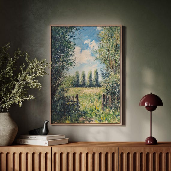 Countryside Meadow Path Canvas Art Rustic Landscape Painting With Trees Open Gate And Blue Sky Farmhouse Nature Wall Decor