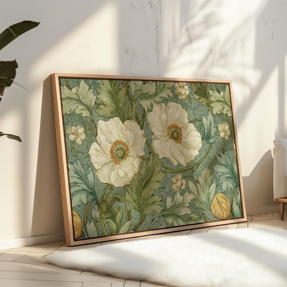 Vintage Floral Botanical Art Nouveau Style White Blossom Sage Green Poster