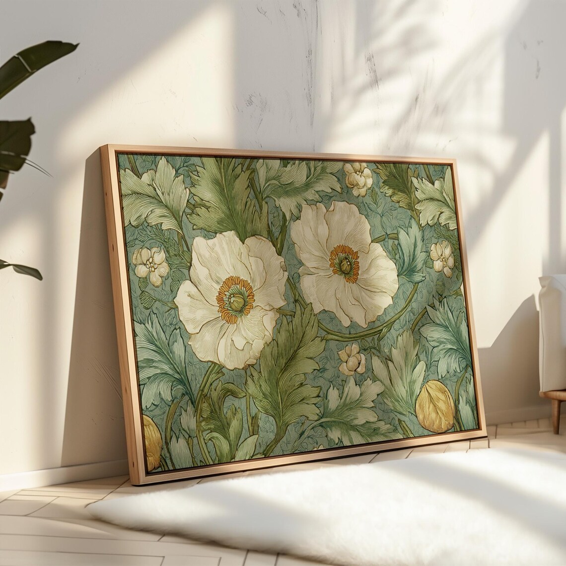 Vintage Floral Botanical Art Nouveau Style White Blossom Sage Green Poster