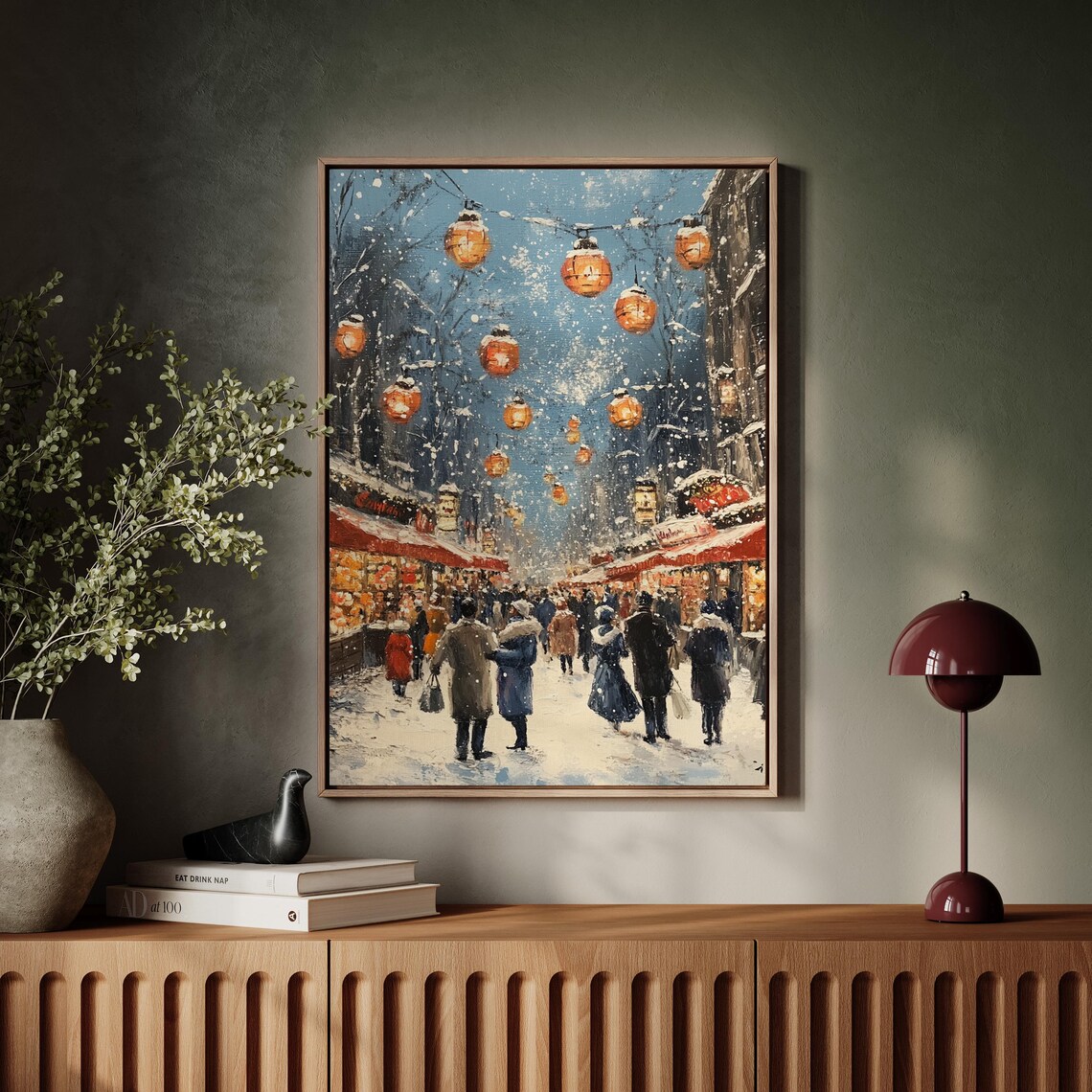Snowy Christmas Market Street Festive Winter Night Lanterns Poster