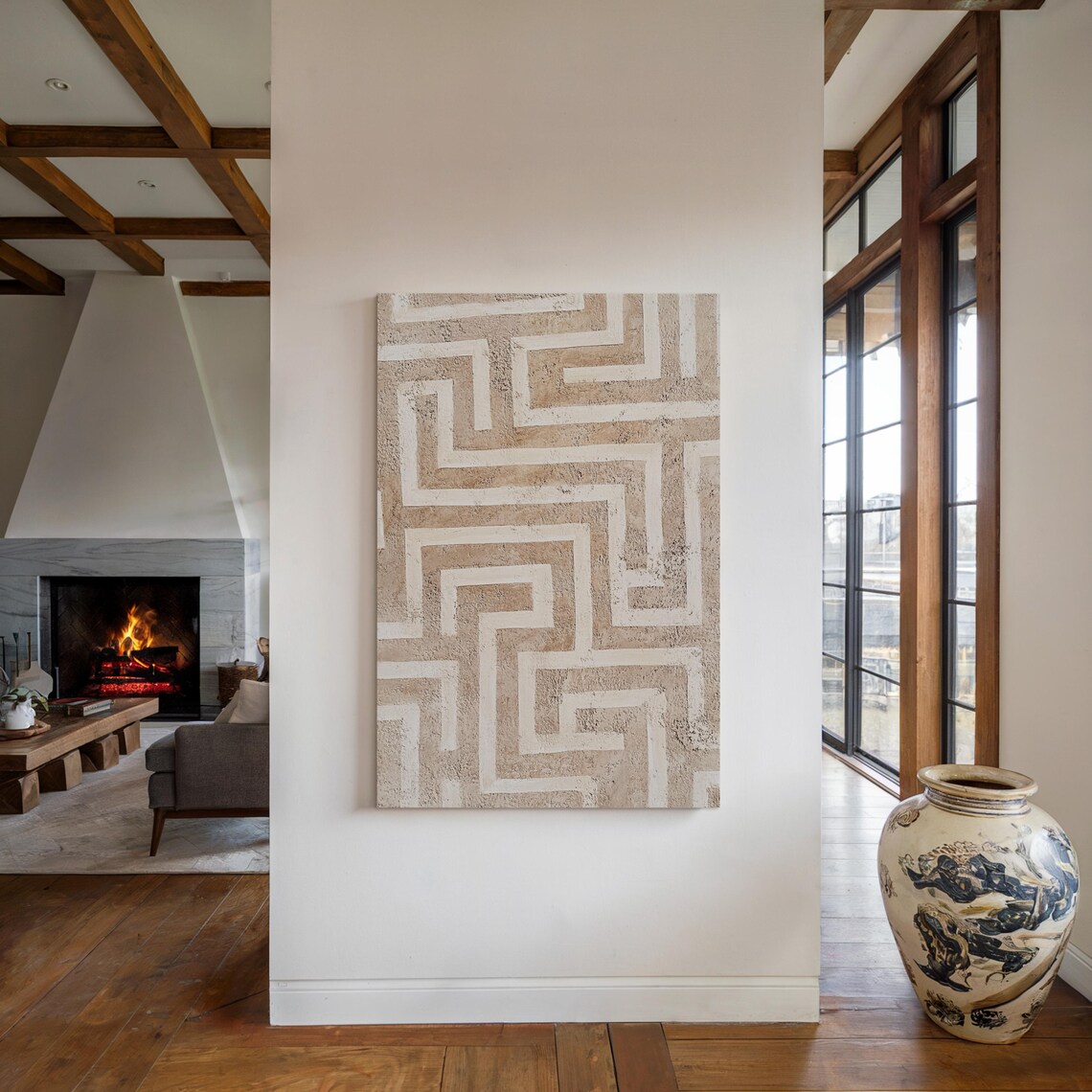 Neutral Geometric Textured Maze Pattern, Modern Boho Decor - Image 5