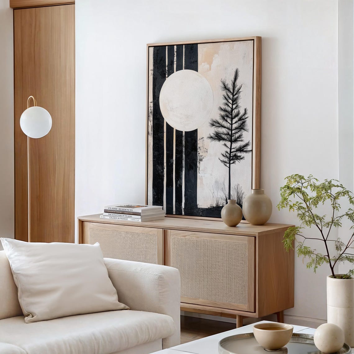 Minimalist Black And White Pine Tree Full Moon Abstract Zen Wall Art Japanese Inspired Nature Print - Image 4