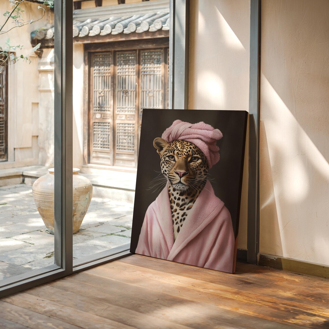 Leopard In Pink Bathrobe With Towel On Head Funny Animal Portrait Poster - Image 4
