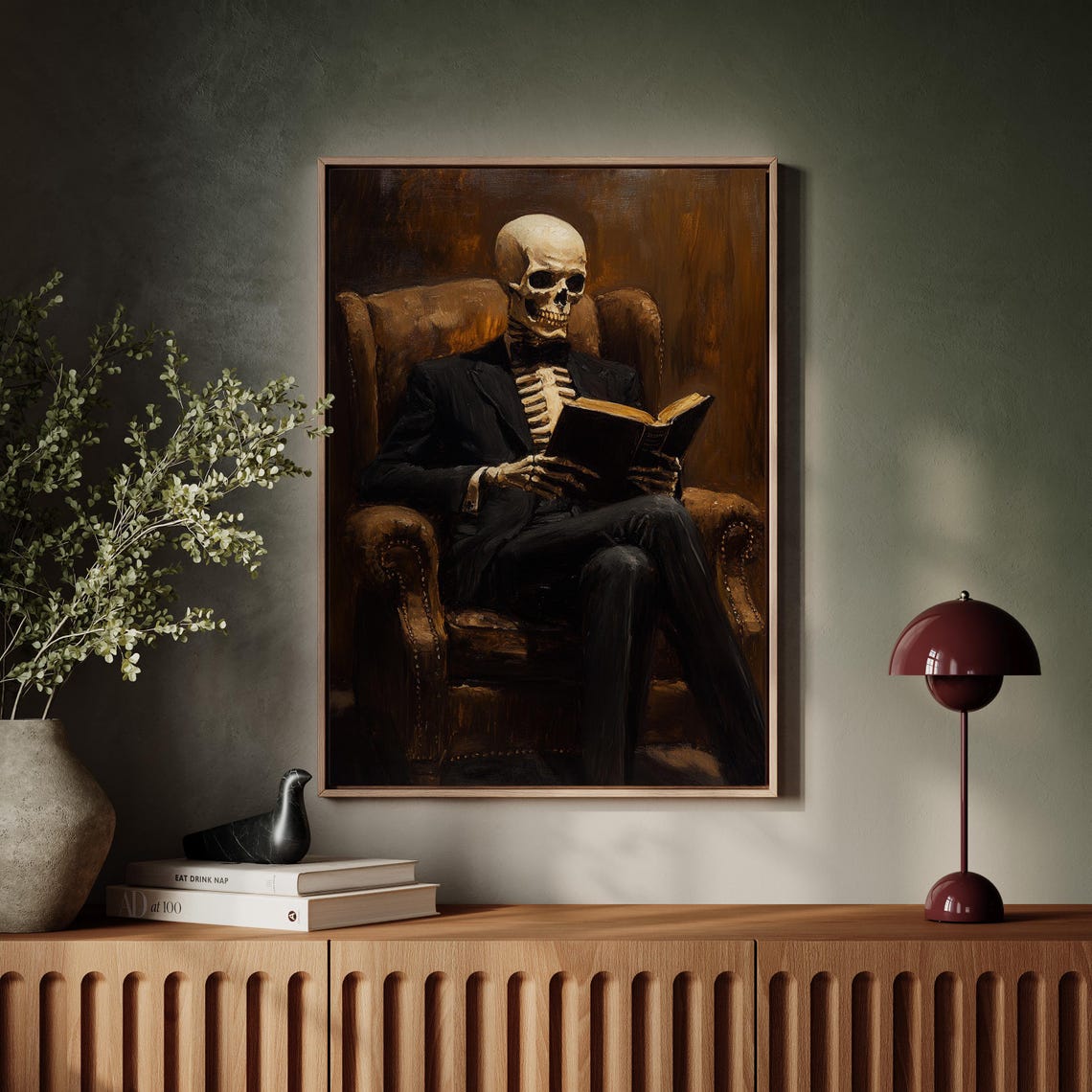 Elegant Skeleton Reading in a Leather Armchair Dark Art Poster