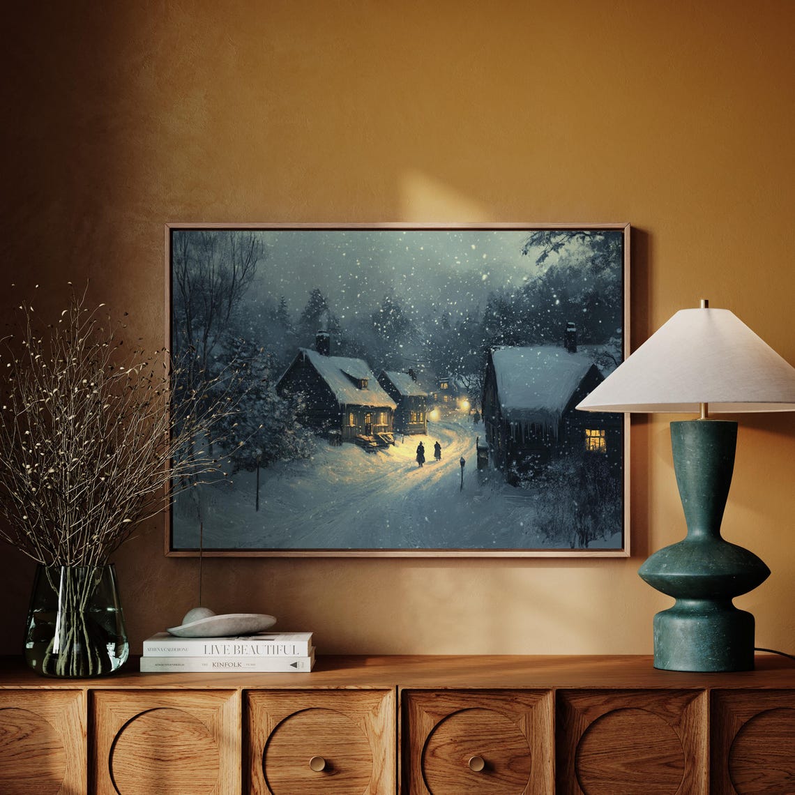 Snowy Village at Night with Warm Glowing Windows Winter Art Poster - Image 3