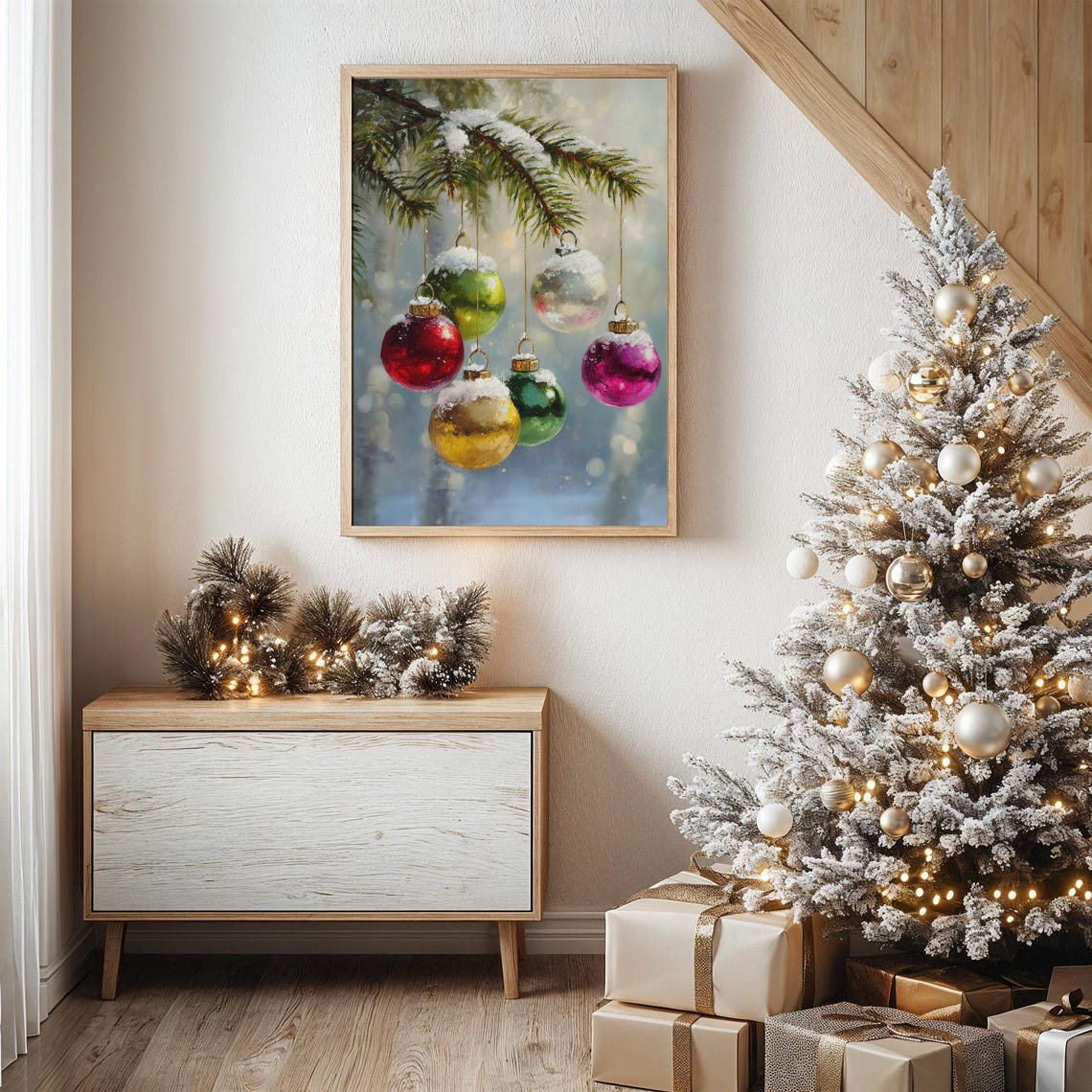 Colorful Christmas Ornaments Poster Hanging On Snowy Pine Branch