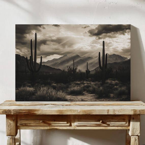 Desert Landscape Canvas Wall Art Vintage Western Cactus Print Moody Southwest Decor Saguaro Mountain Scene Rustic
