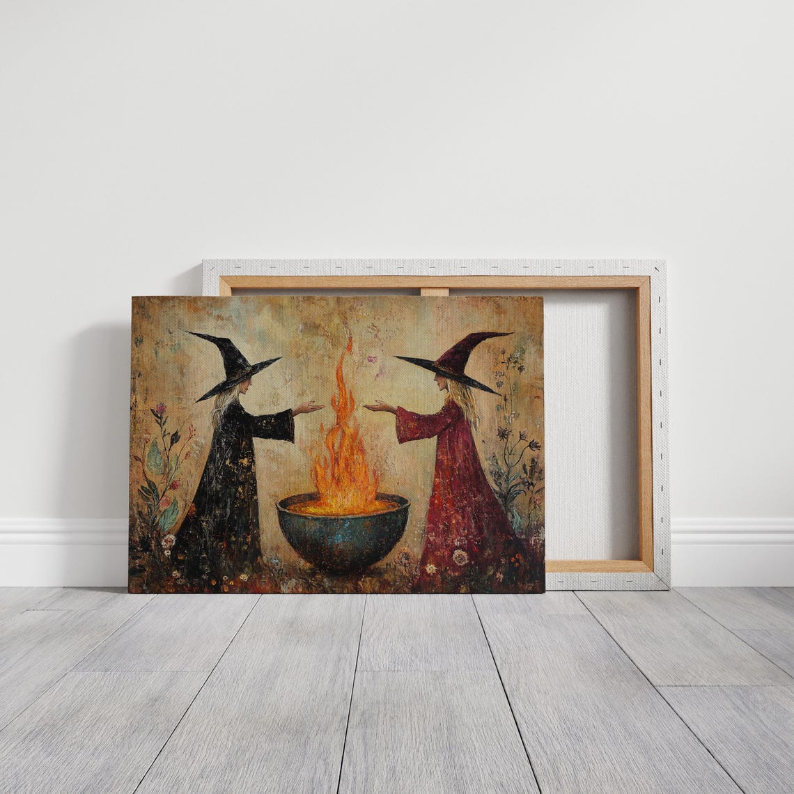 Witch Sisters Casting Fire Spell Mystical Halloween Cauldron Poster - Image 3