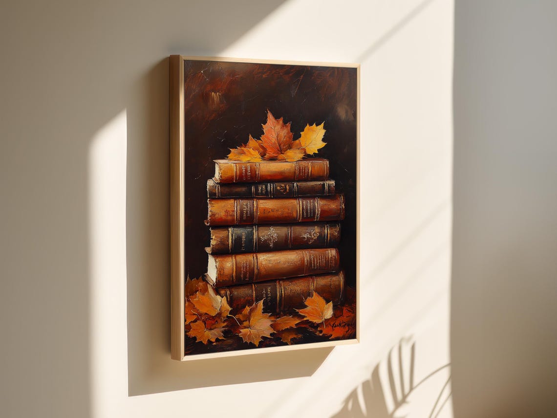 Stack of Antique Books With Autumn Maple Leaves Dark Still Life Poster - Image 4