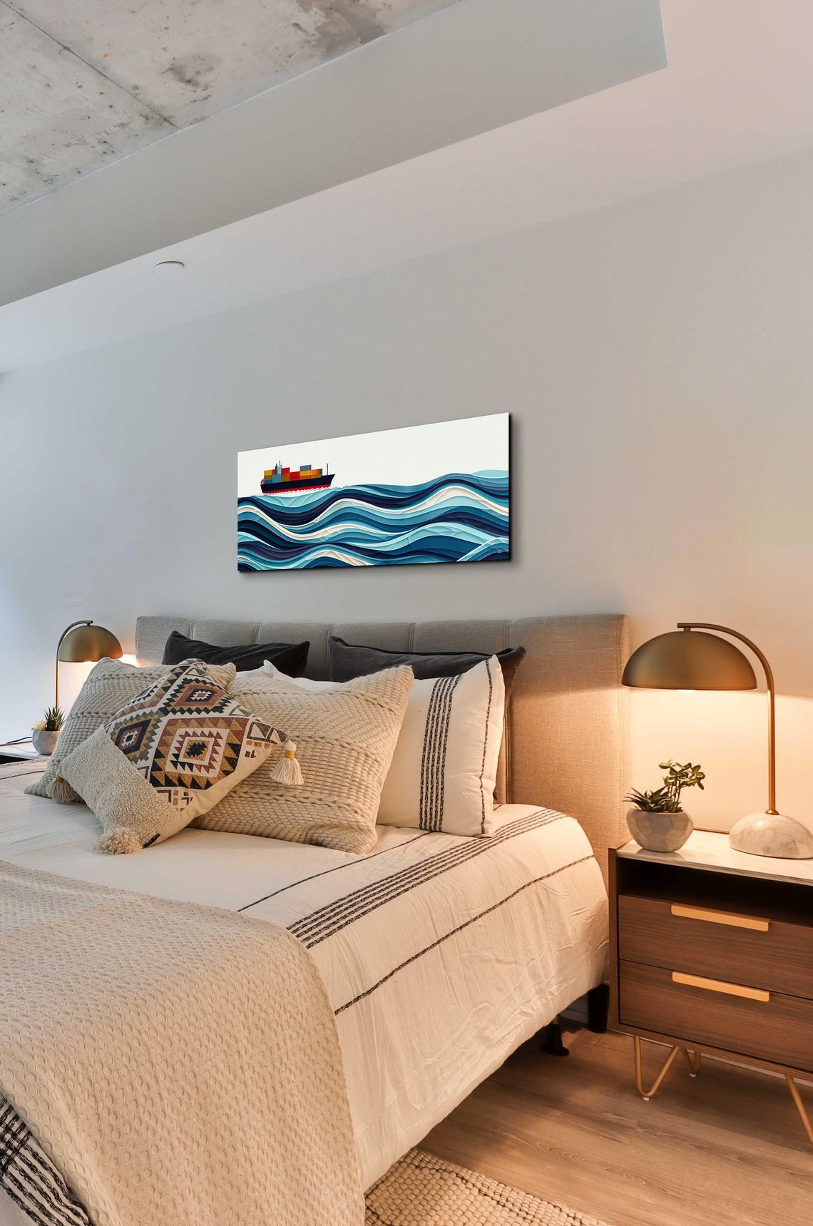 Minimalist Panoramic Cargo Ship On Layered Blue Ocean Waves Poster - Image 7