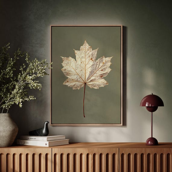 Vintage Oil Painting Of Autumn Maple Leaf Neutral Beige Wall Art On Green Background Rustic Nature Canvas For Seasonal Home Dcor