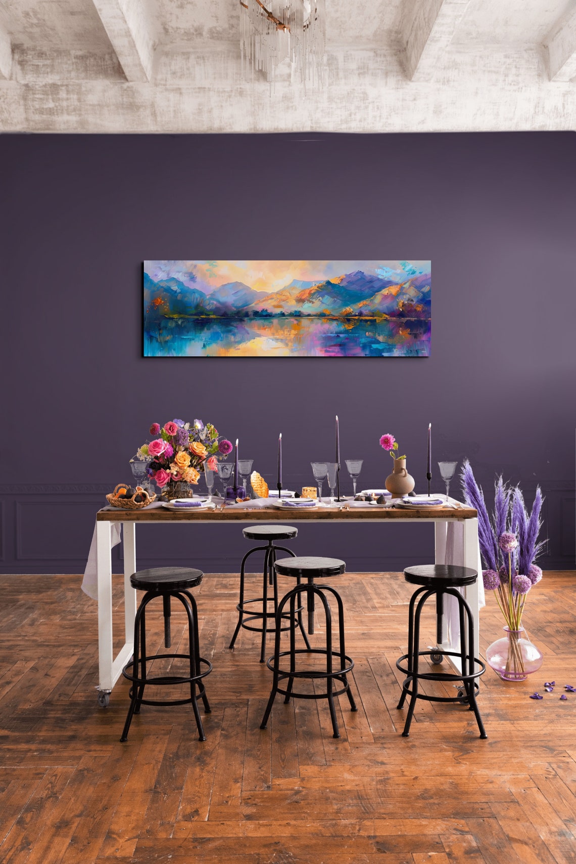 Golden Sunset Mountains Reflecting on Calm Lake Oil Style Art Poster - Image 6