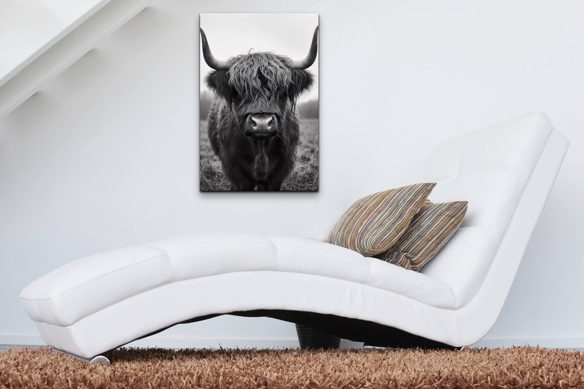 Black And White Highland Cow Close Up Shaggy Portrait Wall Art - Image 7