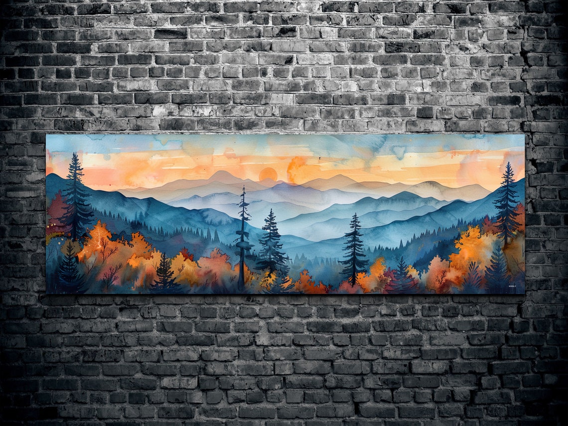Sunset Over Mountain Ridges Autumn Pines Watercolor Panorama Poster - Image 2