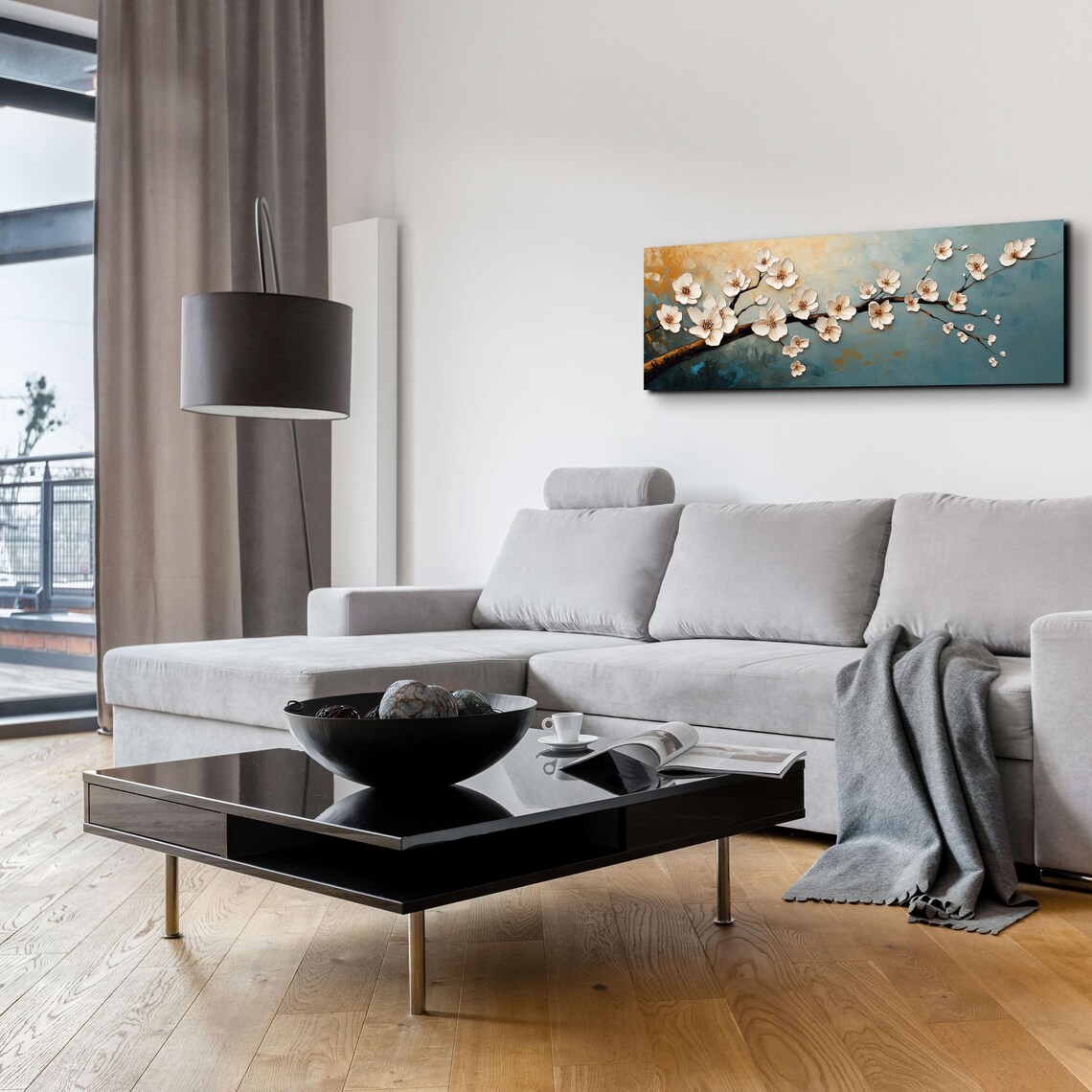 Golden Teal Cherry Blossom Branch Textured Panoramic Art Poster - Image 5