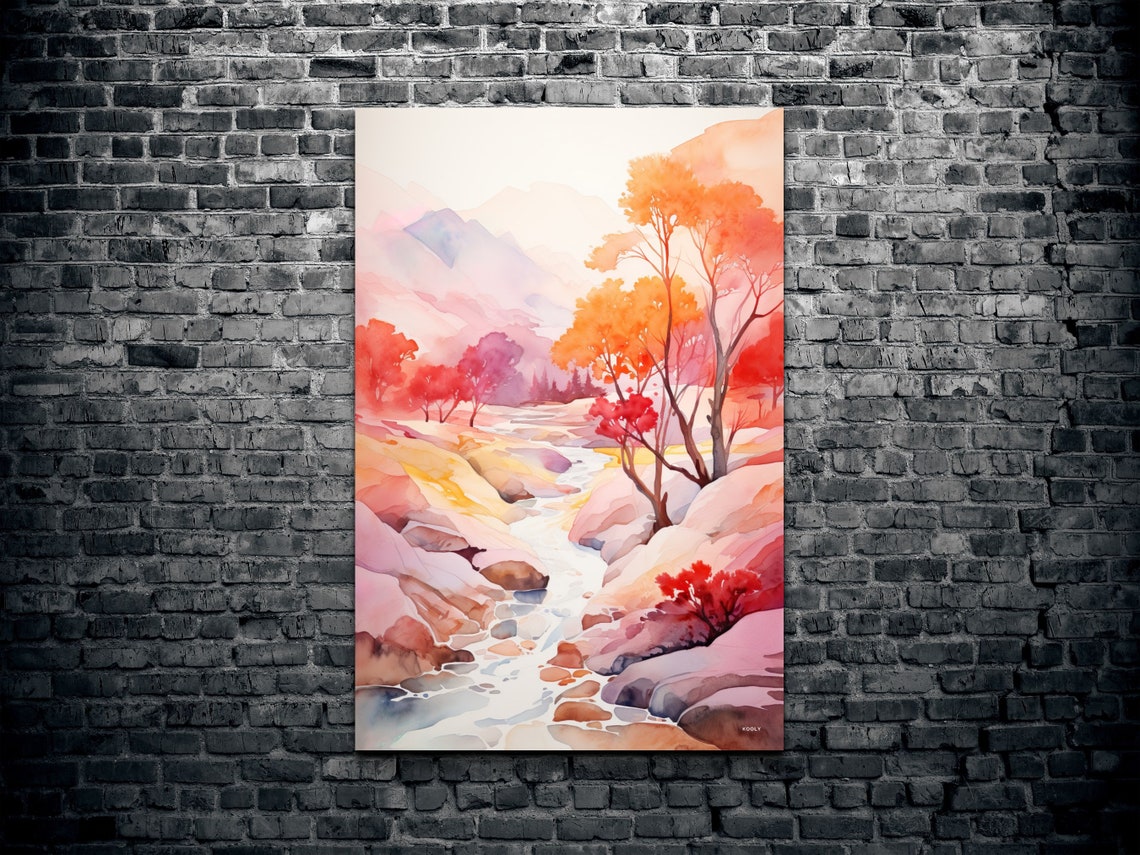 Autumn Stream Through Pink And Orange Trees Watercolor Poster - Image 2