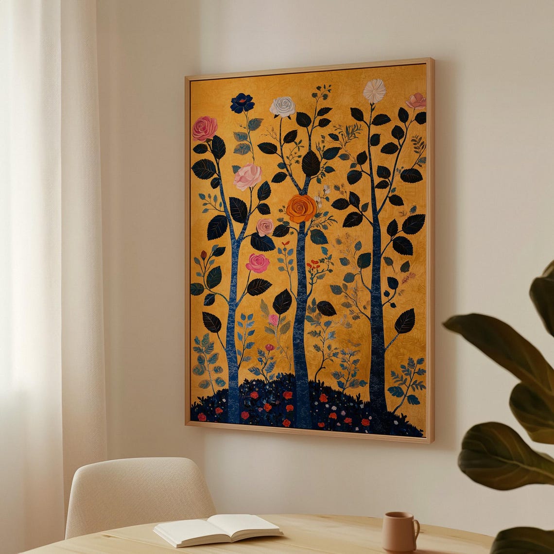 Stylized Rose Trees On Mustard Gold Folk Art Botanical Poster - Image 3
