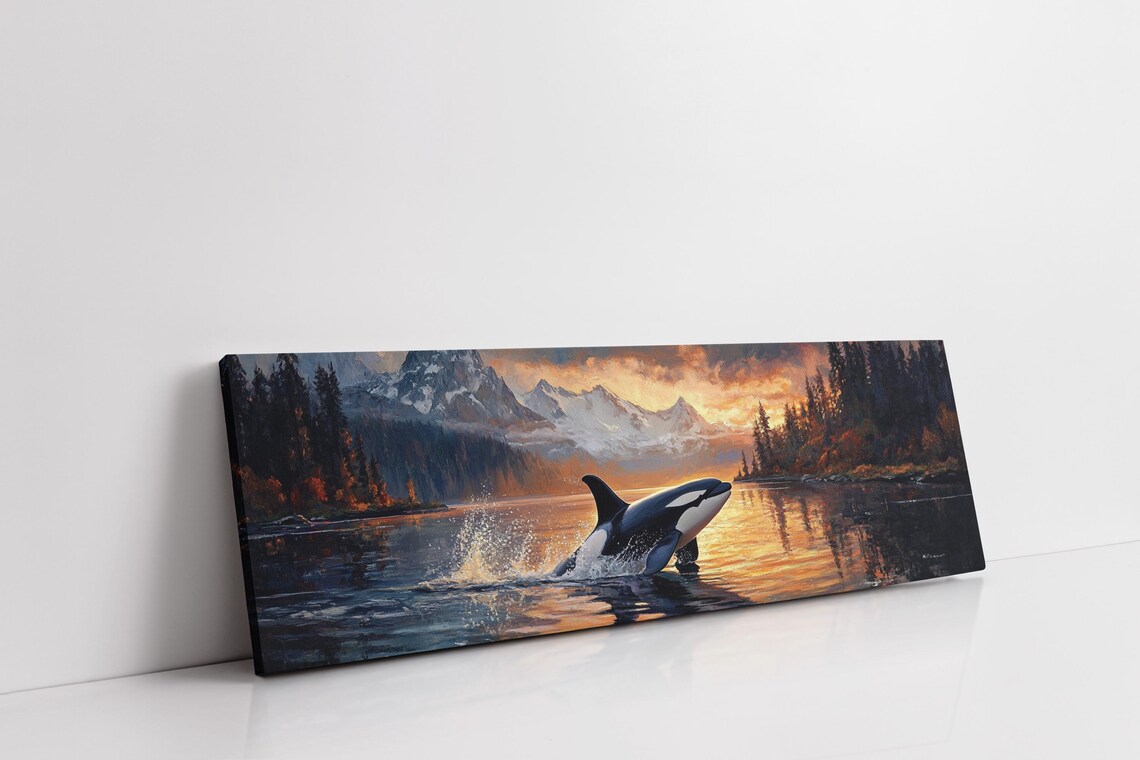 Orca Whale Jumping at Sunset, Ocean Scene Art Print - Image 3