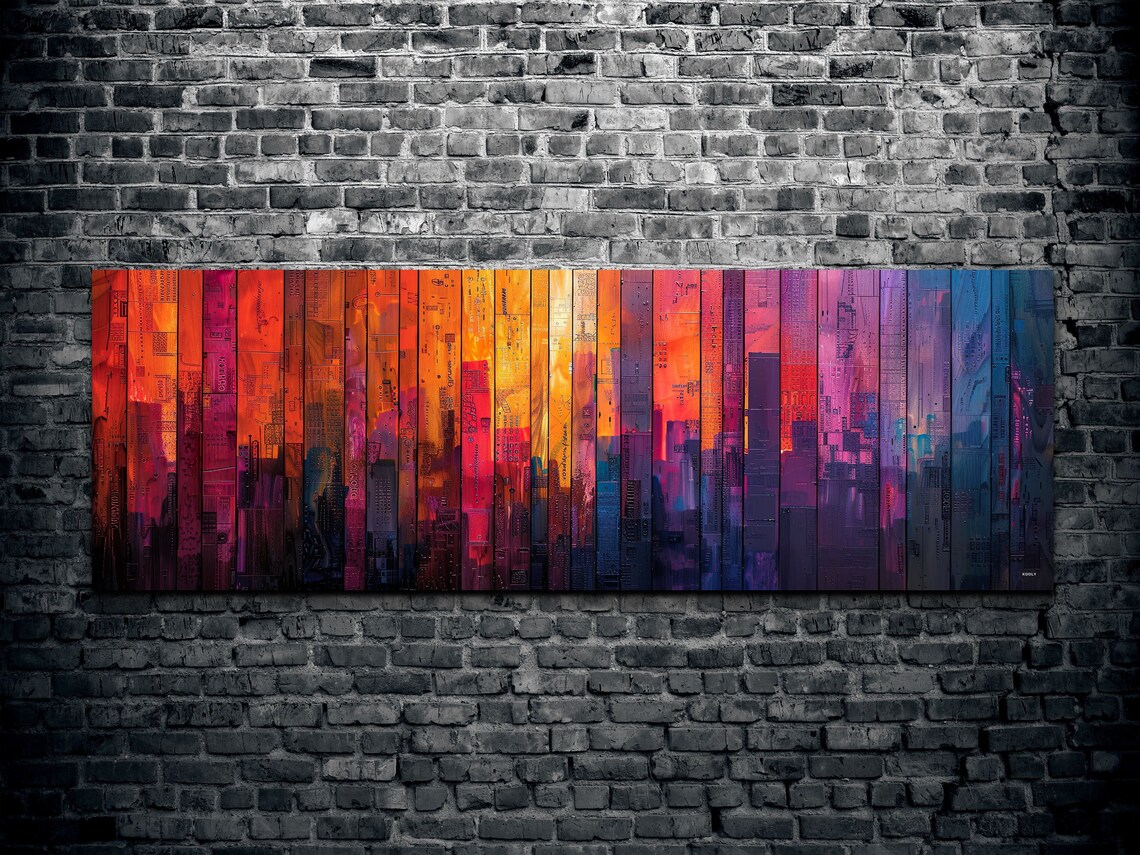 Colorful Urban Skyline Collage On Painted Wood Planks Wall Art - Image 2