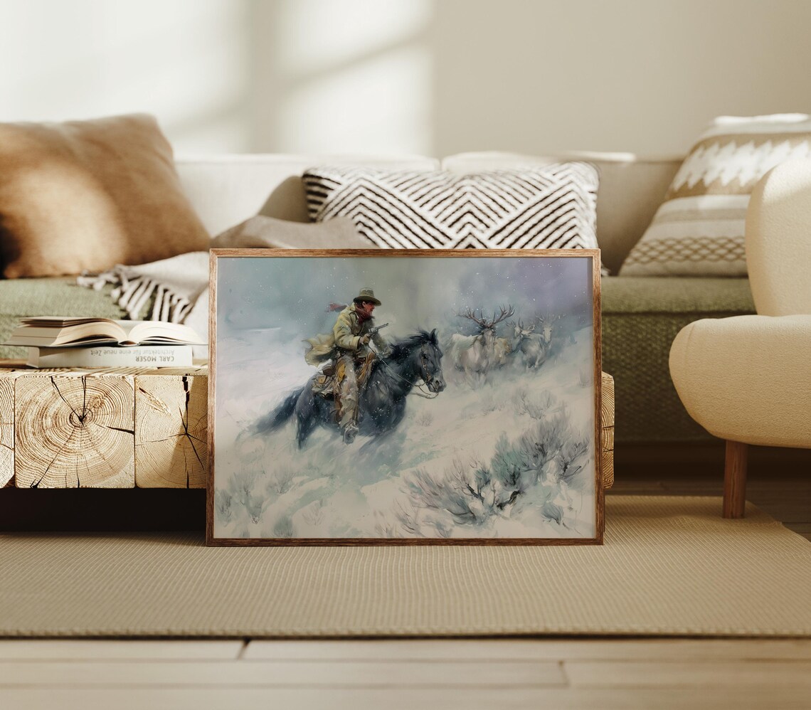 Cowboy Riding Horse Through Snowy Winter Wilderness Elk Western Art Poster