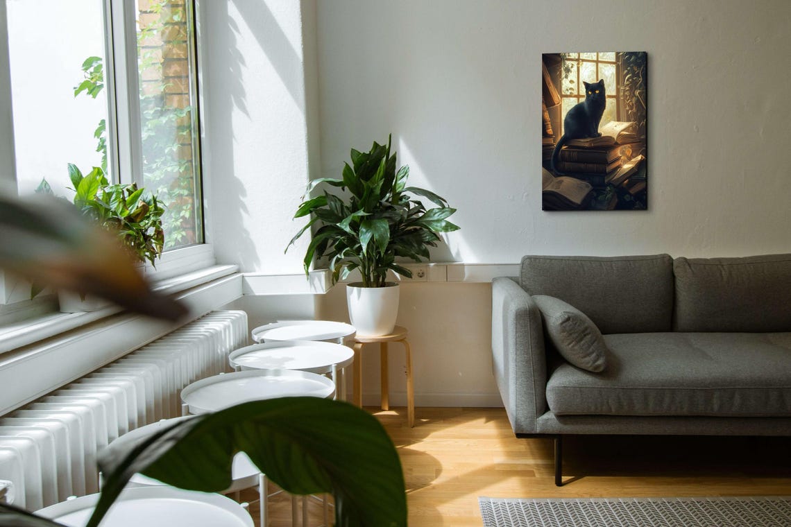 Black Cat Sitting on Old Books by Sunlit Window Vines Poster - Image 6