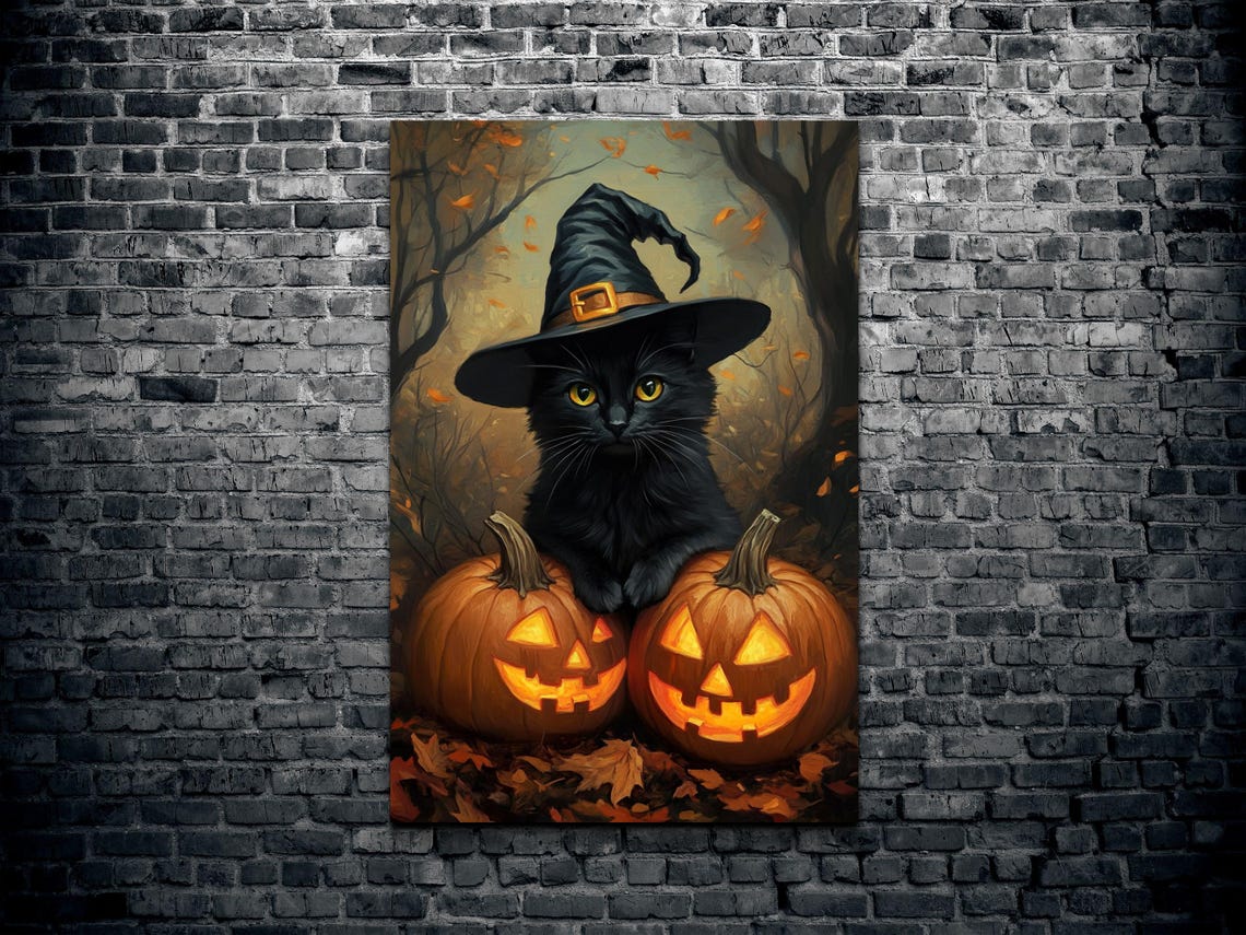 Black Cat Witch Hat Pumpkin Patch Cute Halloween Cat Art Poster - Image 2