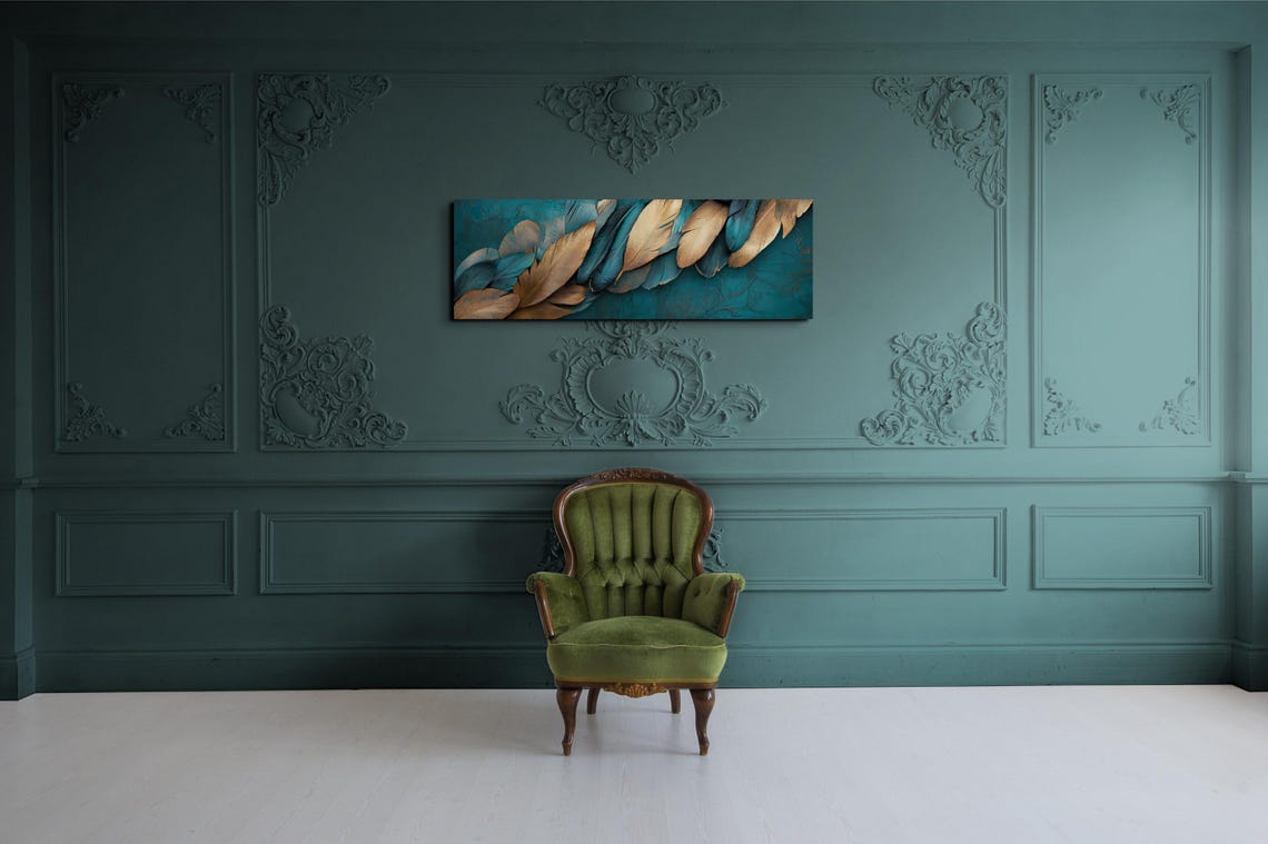 Golden Bronze Feathers On Teal Elegant Panoramic Nature Art Poster - Image 4