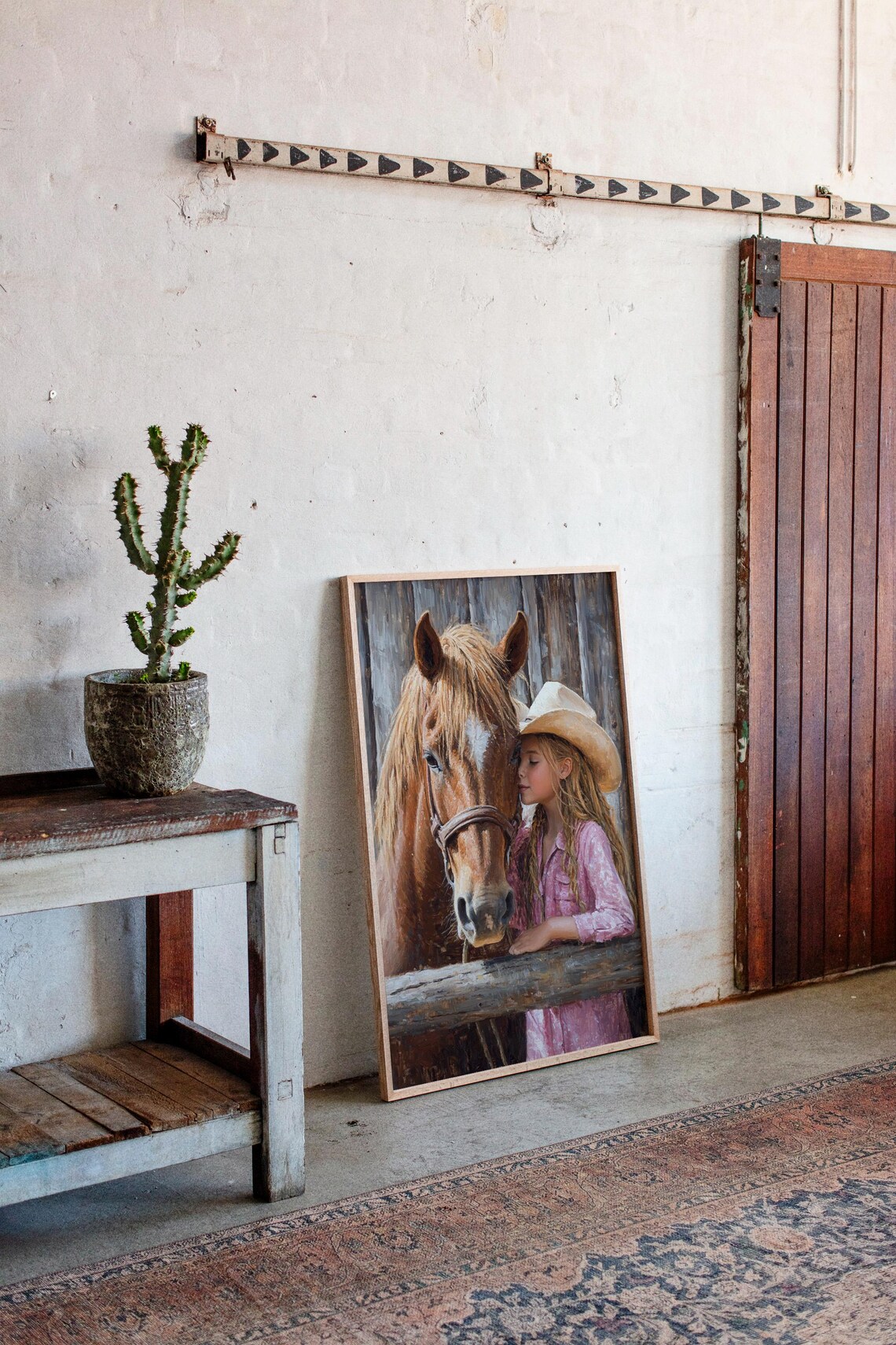 Sweet Young Cowgirl Kissing Her Chestnut Horse Over a Fence Wall Art - Image 3