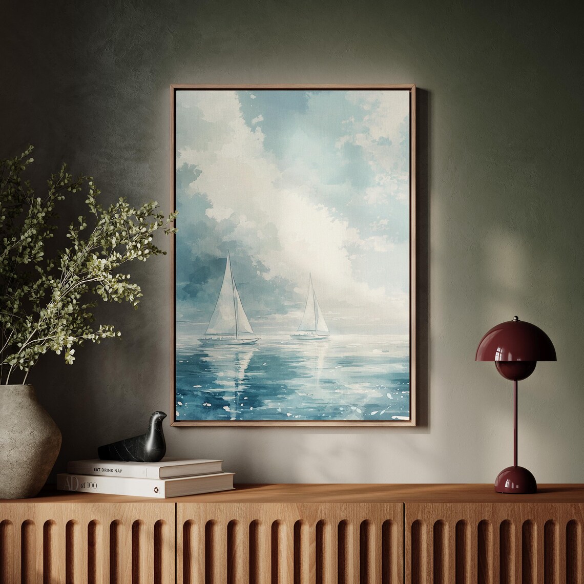 Small Sailboats on Deep Blue Sea Bright Watercolor Sky Poster - Image 5