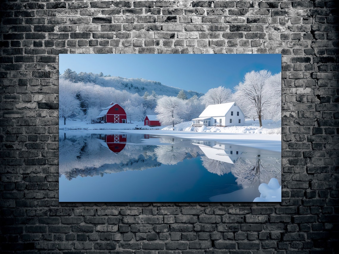 Red Barns White Farmhouse Winter Reflection Snowy Lake Poster - Image 2