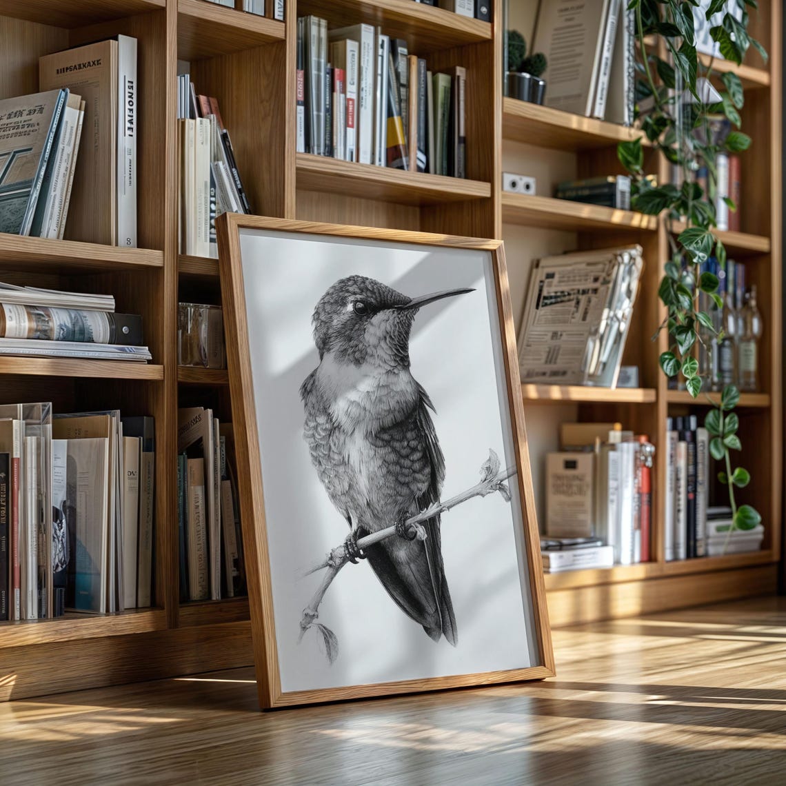 Hummingbird on Branch Black and White Detailed Ink Drawing Bird Poster