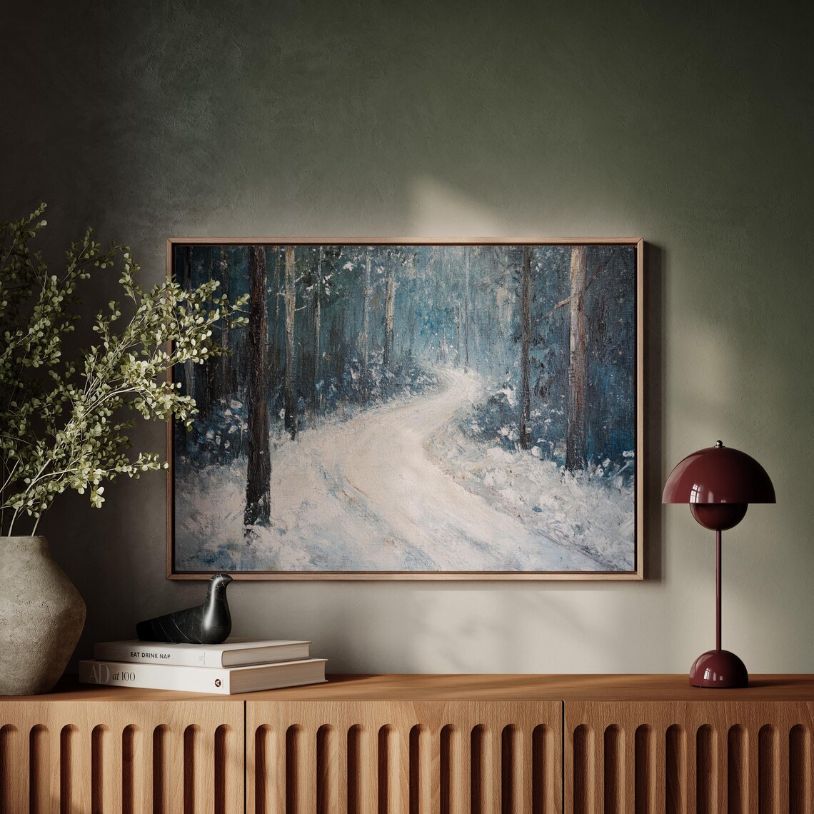 Snowy Forest Path Art Print, Serene Winter Landscape