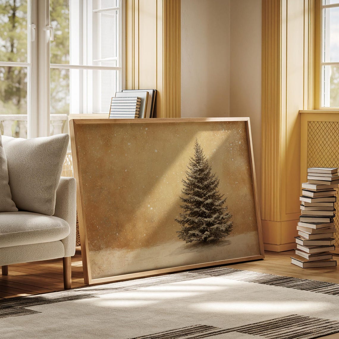 Snowy Pine Tree in Golden Snowfall Winter Christmas Wall Poster - Image 4