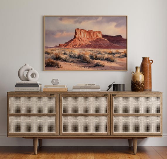 Southwest Desert Mesa Canvas Wall Art Red Rock Plateau Watercolor Landscape Painting Rustic Western Canyon Artwork For Home Dcor