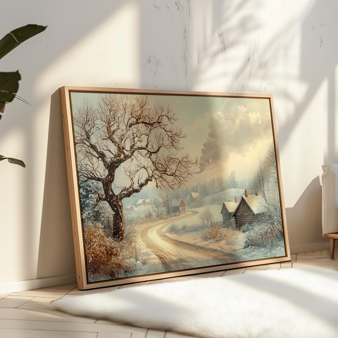 Snowy Country Road With Cabins And Bare Tree Winter Wall Art