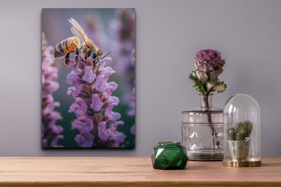 Honey Bee Macro Purple Blossom Pollinating Nature Photo Poster - Image 5