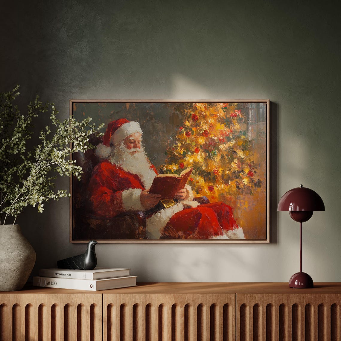 Santa Claus Reading Book Beside Golden Christmas Tree Poster - Image 3