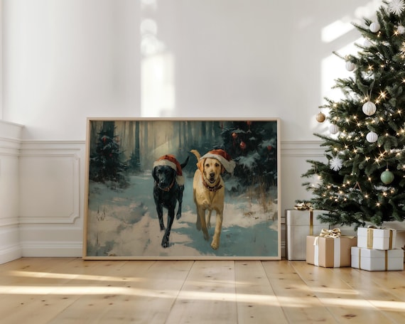 Labrador Dogs in Santa Hats Christmas Wall Art Snowy Woods Painting