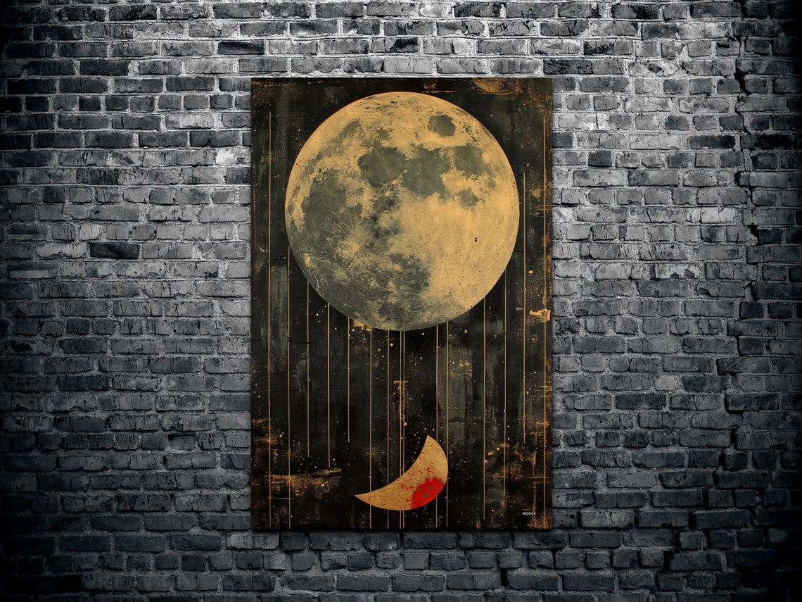 Golden Full Moon and Crescent Mid Century Modern Night Poster - Image 2