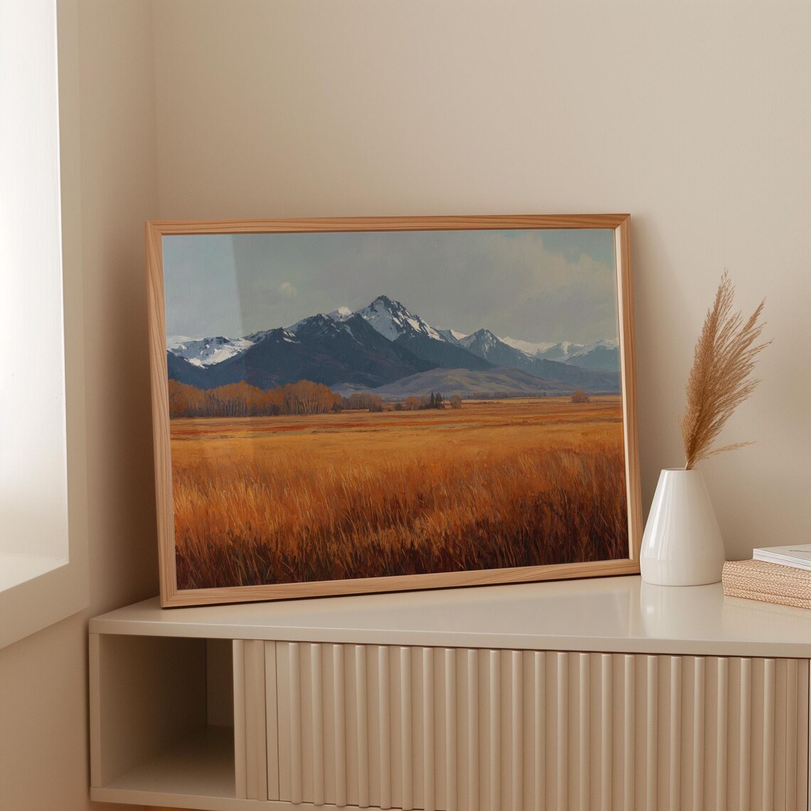 Golden Autumn Meadow with Snowcapped Mountains Landscape Poster