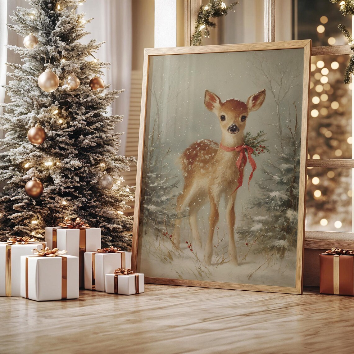 Snowy Fawn With Red Ribbon, Winter Forest Art Print