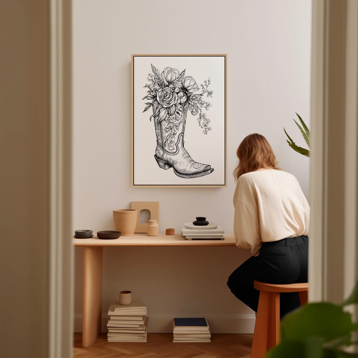Western Cowboy Boot Overflowing With Roses Floral Line Drawing Poster - Image 2