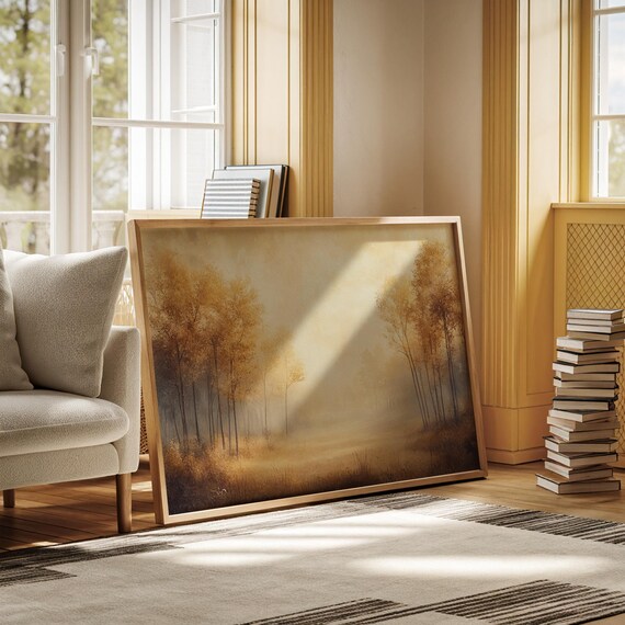 Golden Autumn Trees In Mist Morning Light Forest Landscape Painting Poster