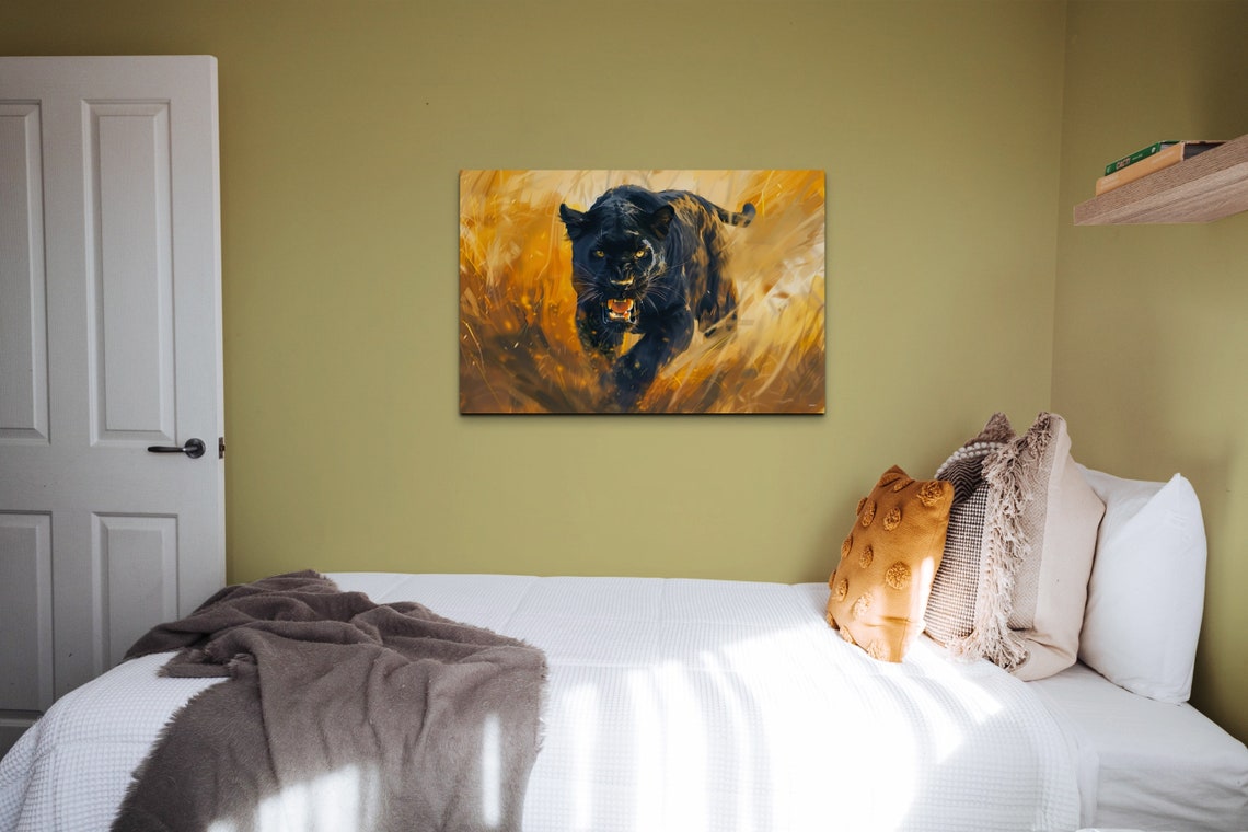 Lunging Black Panther in Golden Light Bold Wildlife Art Poster - Image 7