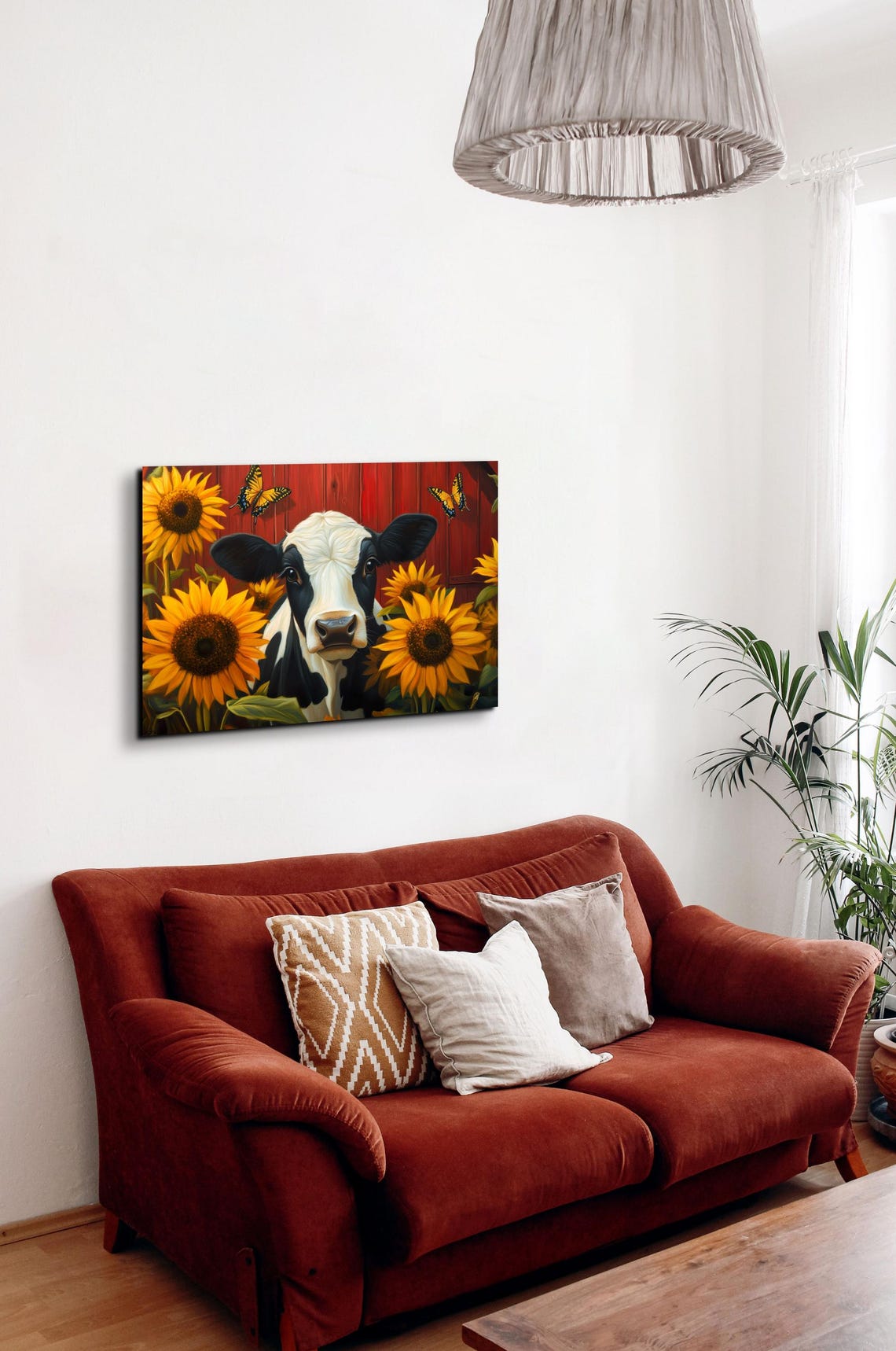 Cow Face Among Sunflowers by Red Barn Butterflies Farm Wall Poster - Image 7