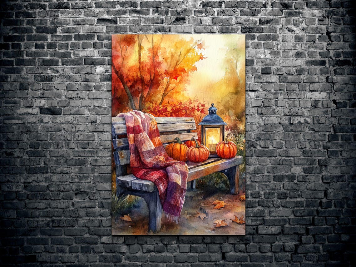 Watercolor Autumn Bench With Pumpkins Lantern and Plaid Blanket Poster - Image 2