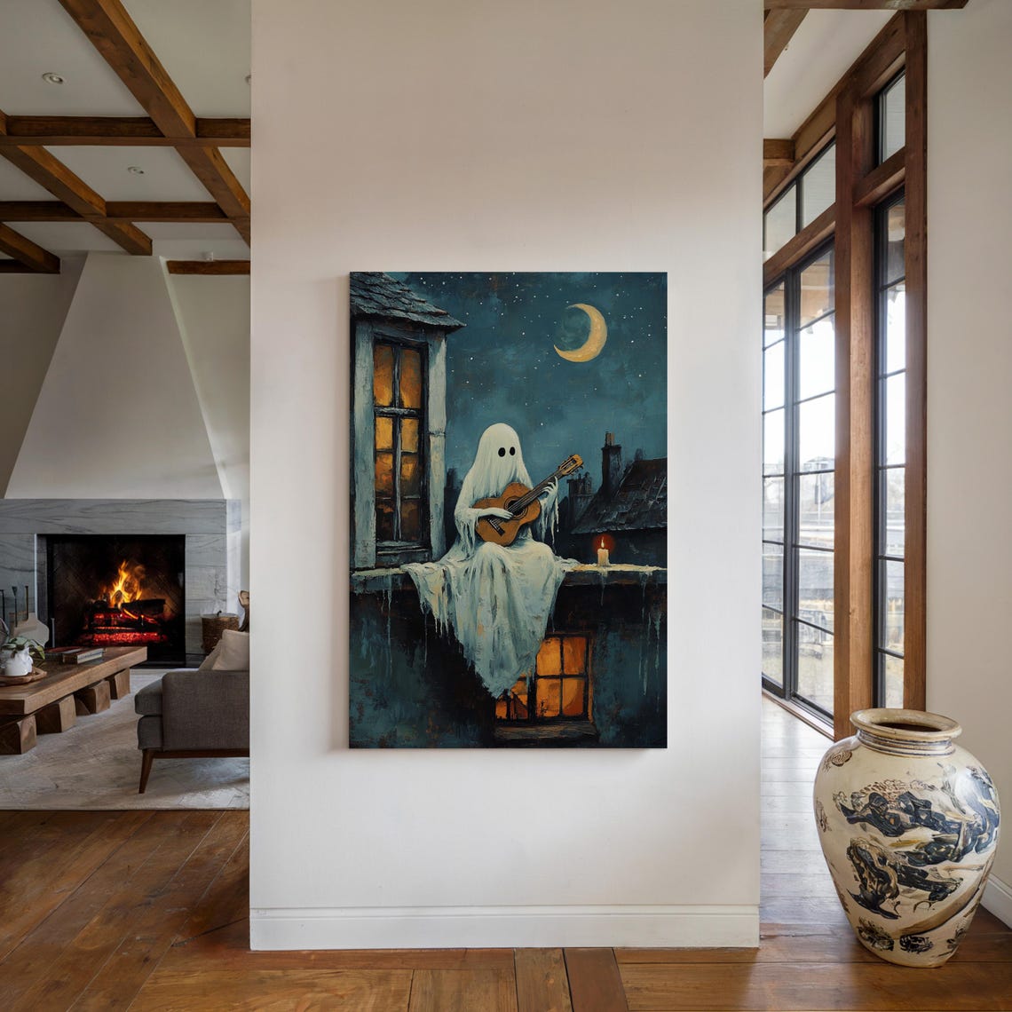 Cute Ghost Playing Guitar on a Rooftop Under Crescent Moon Poster - Image 4