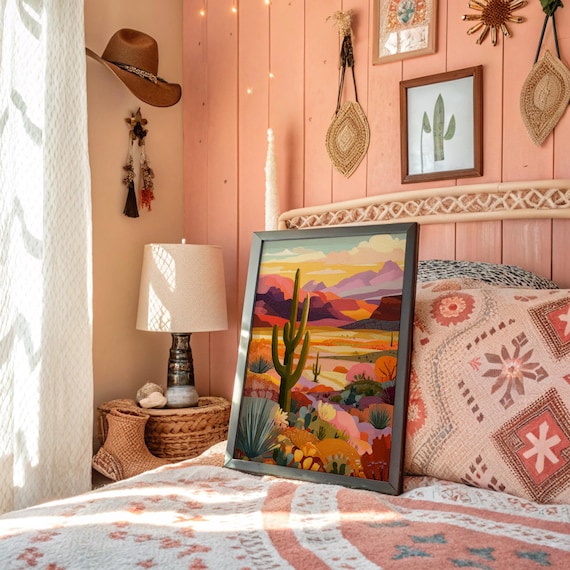 Vibrant Painted Desert Saguaro Cactus Mountains Color Art Poster