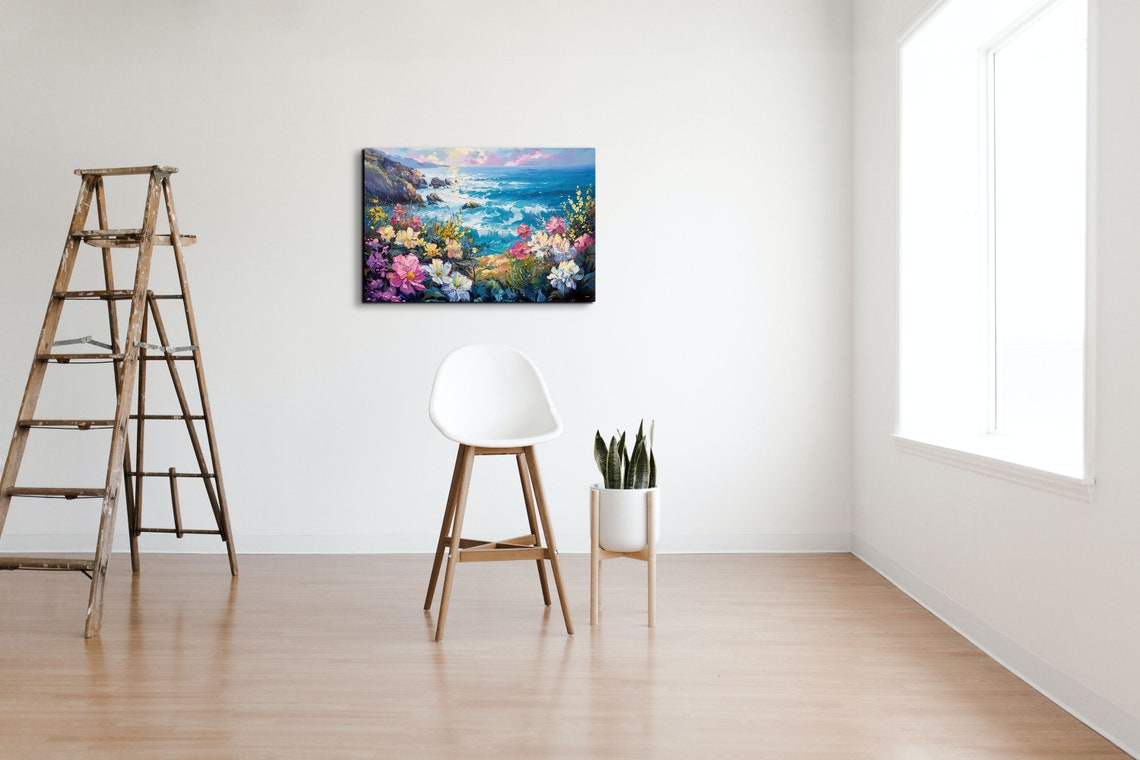 Ocean Waves Over Flowering Coast Pink Blossom Seascape Poster - Image 4